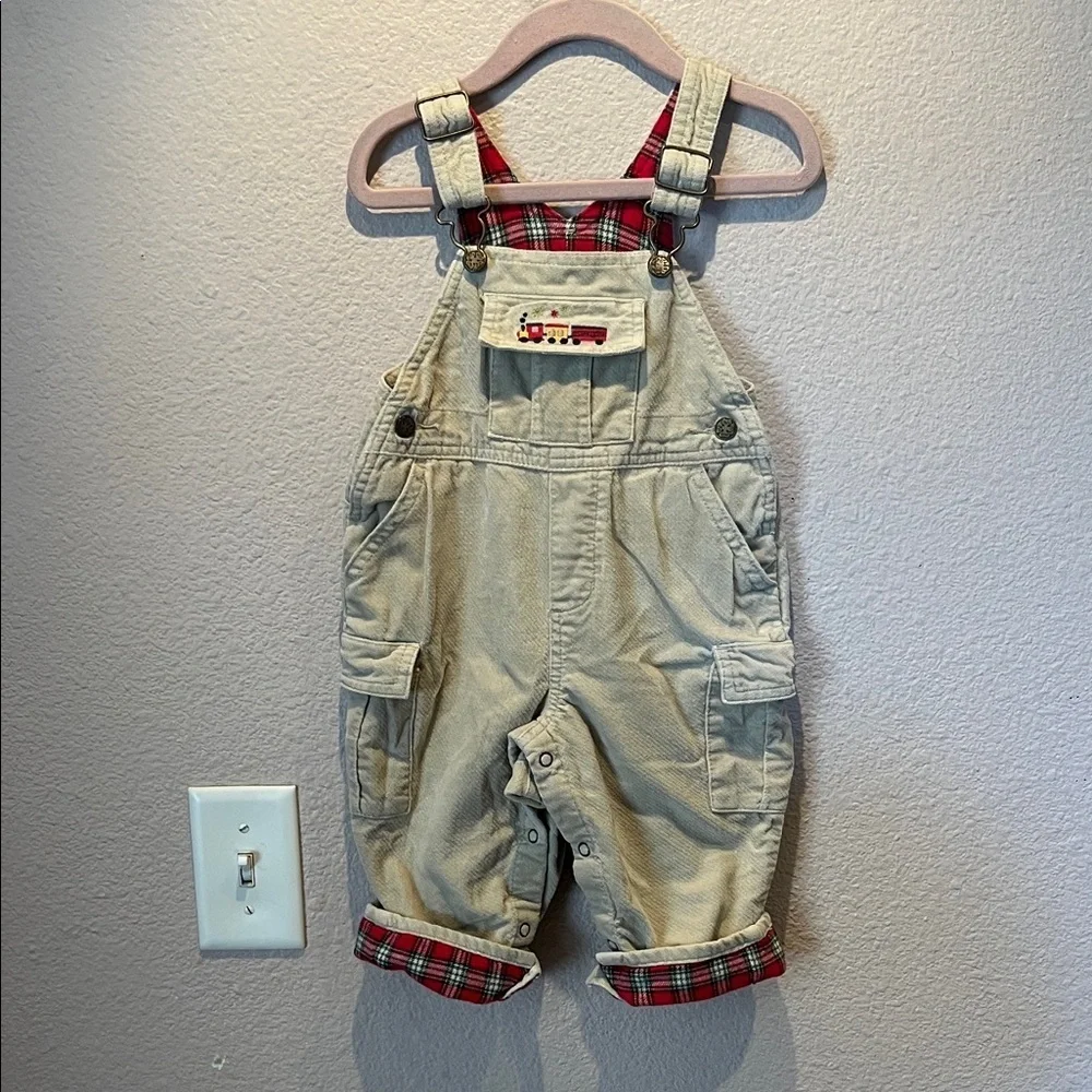 Oshkosh B’Gosh Christmas Train Plaid Overalls Size 12 Months